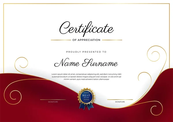 Plantilla Apreciación Certificado Lujo Con Color Rojo Dorado Borde Certificado — Archivo Imágenes Vectoriales