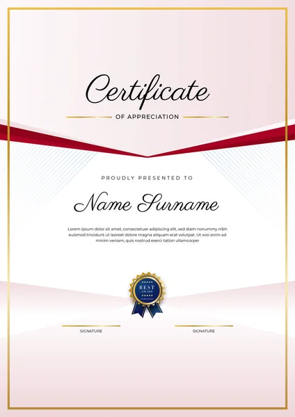 Plantilla Apreciación Certificado Lujo Con Color Rojo Dorado Borde Certificado — Archivo Imágenes Vectoriales