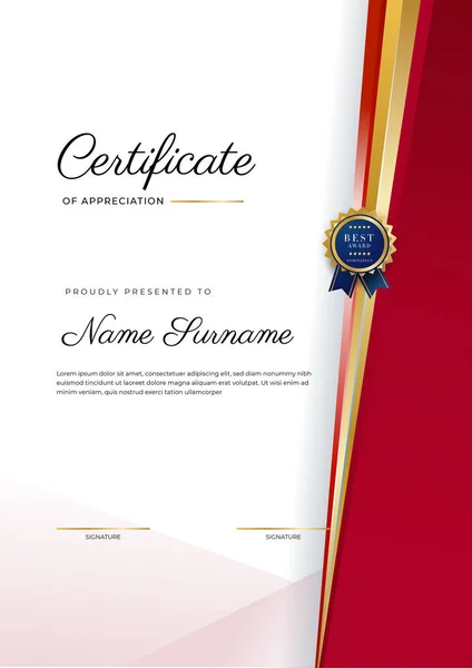 Plantilla Apreciación Certificado Lujo Con Color Rojo Dorado Borde Certificado — Vector de stock