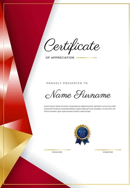 Plantilla Apreciación Certificado Lujo Con Color Rojo Dorado Borde Certificado — Archivo Imágenes Vectoriales