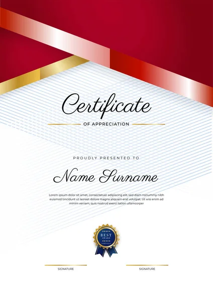 Plantilla Apreciación Certificado Lujo Con Color Rojo Dorado Borde Certificado — Vector de stock