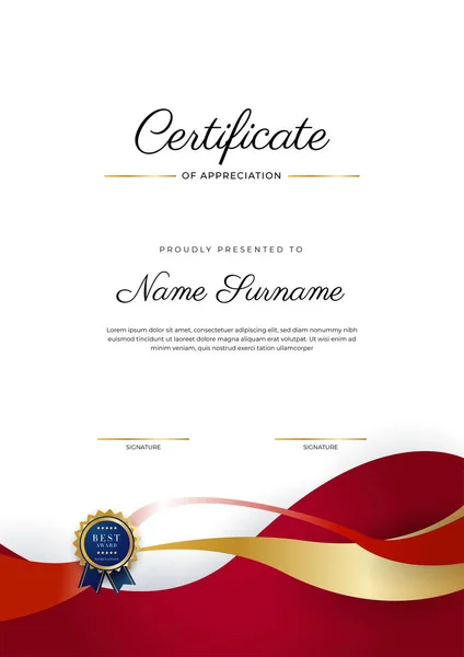 Modèle Certificat Appréciation Luxe Avec Couleur Rouge Bordure Certificat Polyvalente — Image vectorielle