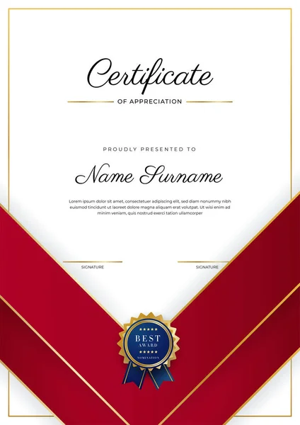 Luxury Certificate Appreciation Template Red Gold Color Multipurpose Certificate Border — Stock Vector