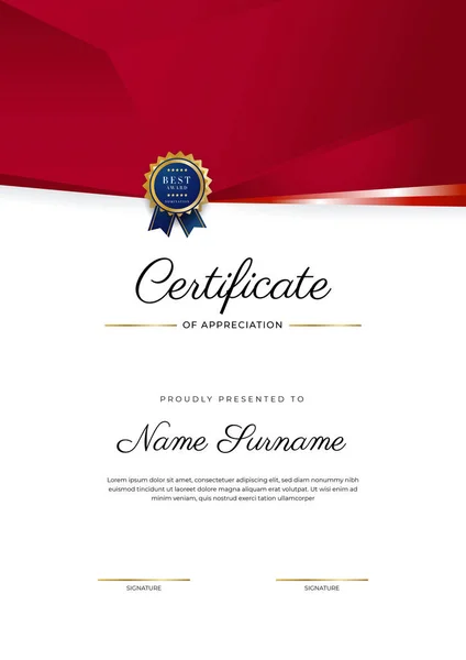Розкішний Сертифікат Шаблону Вдячності Червоним Золотим Кольором Багатоцільова Рамка Сертифіката — стоковий вектор