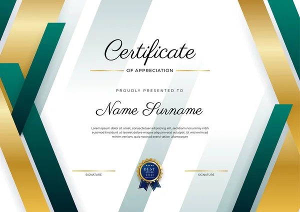 Certificado Preto Dourado Verde Modelo Fronteira Realização Com Crachá Luxo —  Vetores de Stock