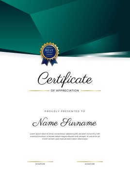 Yeşil, siyah ve altın sertifikalı, lüks rozetli ve modern çizgili sınır şablonu. Ödül, iş ve eğitim ihtiyaçları için. Vektör sertifika şablonu