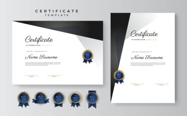 Lüks rozetli ve modern çizgili sınır şablonunun siyah ve altın sertifikası. Ödül, iş ve eğitim ihtiyaçları için