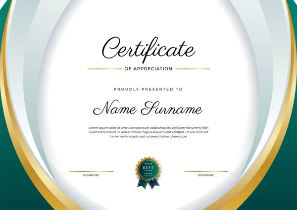 Certificato Verde Nero Oro Del Modello Bordo Realizzazione Con Distintivo — Vettoriale Stock