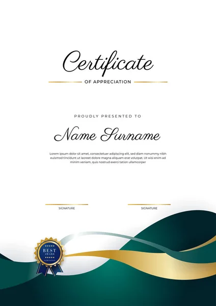 Зелений Чорний Золотий Сертифікат Досягнень Шаблон Кордону Розкішним Значком Сучасним — стоковий вектор