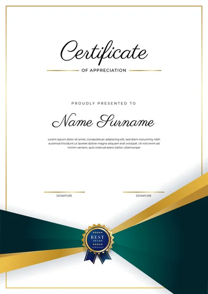Verde Negro Oro Certificado Logro Frontera Plantilla Con Insignia Lujo — Archivo Imágenes Vectoriales