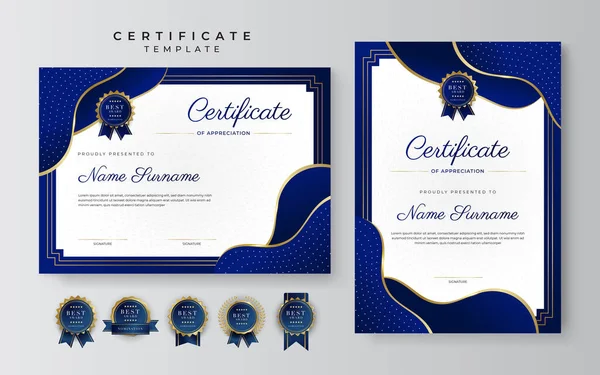 Plantilla Borde Azul Dorado Certificado Logro Con Insignia Lujo Patrón — Archivo Imágenes Vectoriales