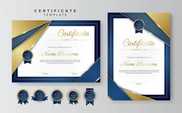 Modèle Frontière Certificat Réussite Bleu Avec Badge Luxe Motif Ligne — Image vectorielle