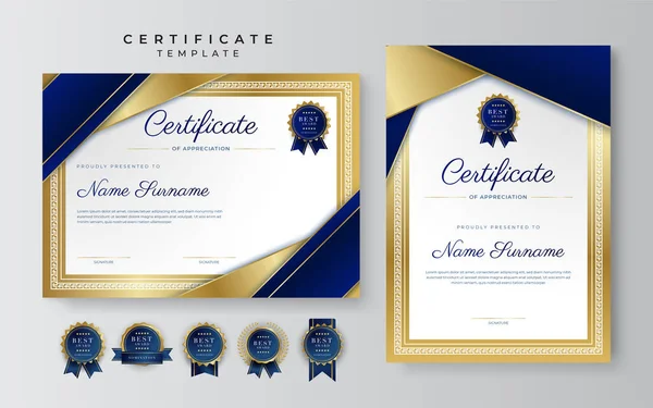 Blue Gold Certificate Achievement Grensemal Med Luksusmerke Moderne Linjemønster Til – stockvektor