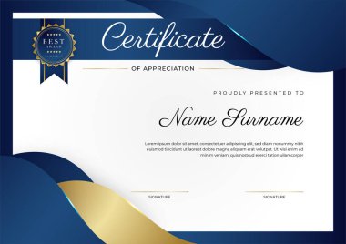 Lüks rozetli ve modern hat desenli mavi ve altın başarı sertifikası. Ödül, iş ve eğitim ihtiyaçları için