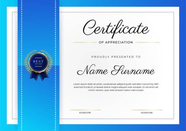 Lüks rozetli ve modern hat desenli mavi ve altın başarı sertifikası. Ödül, iş ve eğitim ihtiyaçları için
