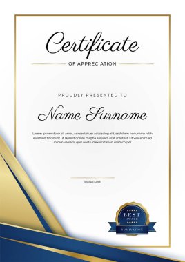Lüks rozetli ve modern hat desenli mavi ve altın başarı sertifikası. Ödül, iş ve eğitim ihtiyaçları için