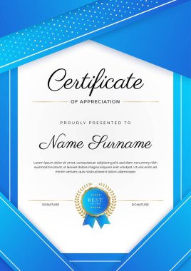 Lüks rozetli ve modern hat desenli mavi ve altın başarı sertifikası. Ödül, iş ve eğitim ihtiyaçları için