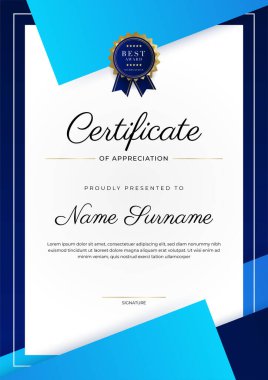 Lüks rozetli ve modern hat desenli mavi ve altın başarı sertifikası. Ödül, iş ve eğitim ihtiyaçları için