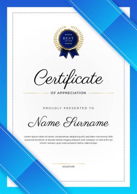 Lüks rozetli ve modern hat desenli mavi ve altın başarı sertifikası. Ödül, iş ve eğitim ihtiyaçları için