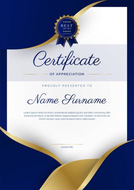 Lüks rozetli ve modern hat desenli mavi ve altın başarı sertifikası. Ödül, iş ve eğitim ihtiyaçları için