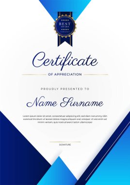 Lüks rozetli ve modern hat desenli mavi ve altın başarı sertifikası. Ödül, iş ve eğitim ihtiyaçları için