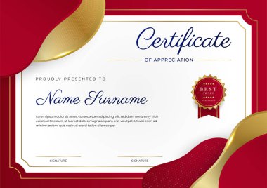 Kırmızı ve altın renkli takdir şablonu sertifikası, rozet tasarımı ile çok amaçlı sertifika sınırı. Zarif kırmızı ve altın sertifika şablonu