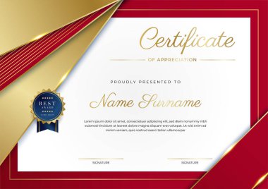 Kırmızı ve altın renkli takdir şablonu sertifikası, rozet tasarımı ile çok amaçlı sertifika sınırı. Zarif kırmızı ve altın sertifika şablonu