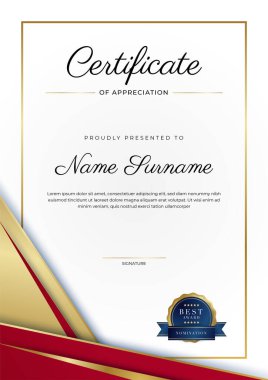 Kırmızı ve altın renkli takdir şablonu sertifikası, rozet tasarımı ile çok amaçlı sertifika sınırı. Zarif kırmızı ve altın sertifika şablonu