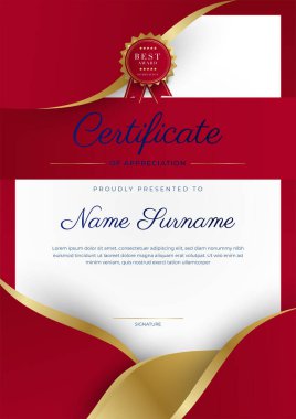 Kırmızı ve altın renkli takdir şablonu sertifikası, rozet tasarımı ile çok amaçlı sertifika sınırı. Zarif kırmızı ve altın sertifika şablonu