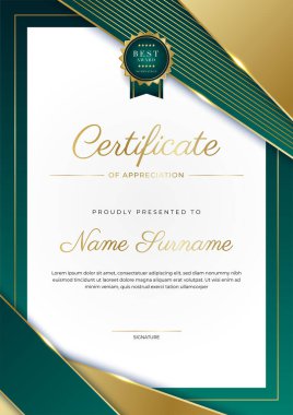 Yeşil, siyah ve altın sertifikalı, lüks rozetli ve modern çizgili sınır şablonu. Ödül, iş ve eğitim ihtiyaçları için. Vektör sertifika şablonu