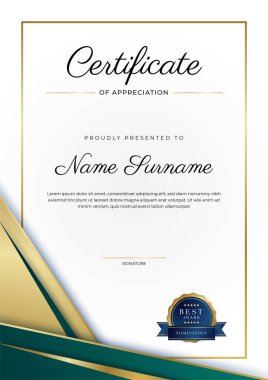 Yeşil, siyah ve altın sertifikalı, lüks rozetli ve modern çizgili sınır şablonu. Ödül, iş ve eğitim ihtiyaçları için. Vektör sertifika şablonu
