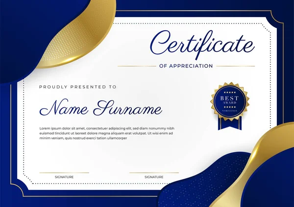 Blue Gold Certificate Achievement Border Template Luxury Badge Modern Line — Stok Vektör