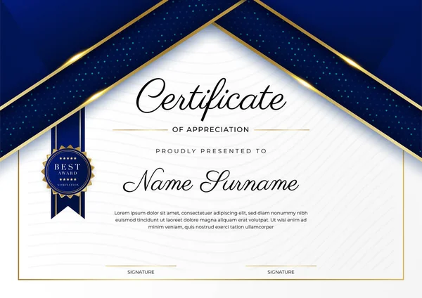 Blauw Goud Certificaat Van Prestatie Border Template Met Luxe Badge — Stockvector