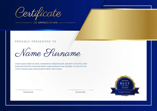 Blue Gold Certificate Achievement Border Template Luxury Badge Modern Line — Archivo Imágenes Vectoriales