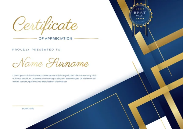 Blue Gold Certificate Achievement Border Template Luxury Badge Modern Line — Stock vektor