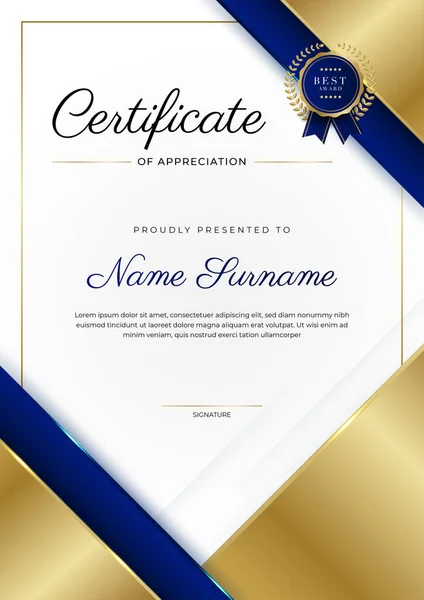 Blue Gold Certificate Achievement Border Template Luxury Badge Modern Line — Wektor stockowy