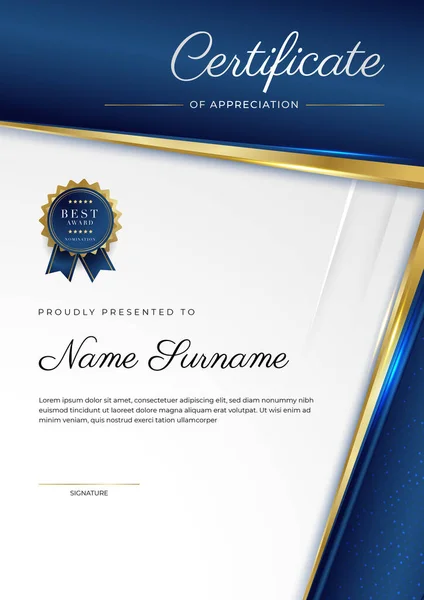 Blue Gold Certificate Achievement Border Template Luxury Badge Modern Line — Stockový vektor