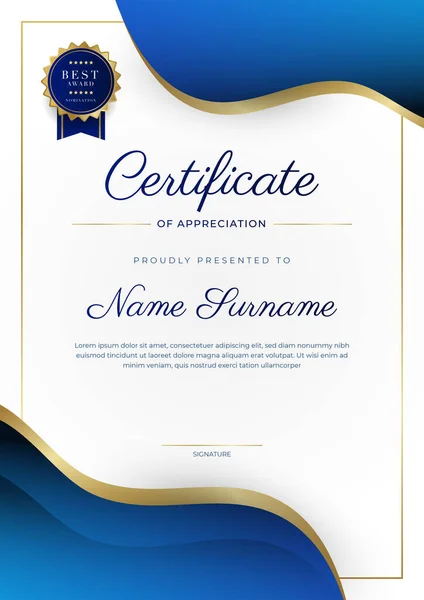 Blue Gold Certificate Achievement Border Template Luxury Badge Modern Line — Vettoriale Stock