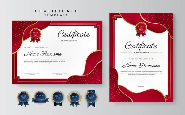 赤と金の色で感謝テンプレートの高級証明書 バッジデザインと多目的証明書の境界線 エレガントな赤と金の卒業証書の証明書テンプレート — ストックベクタ
