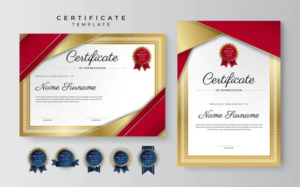 具有红色和金色的豪华鉴赏证书模板 具有徽章设计的多功能鉴赏证书边框 精美的红色和金色毕业证书模板 — 图库矢量图片