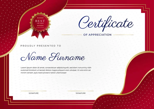 Люксовый Сертификат Оценки Искушает Красным Золотым Цветом Многофункциональный Сертификат Граничит — стоковый вектор