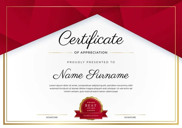 Modello Certificato Apprezzamento Lusso Con Colore Rosso Oro Bordo Certificato — Vettoriale Stock