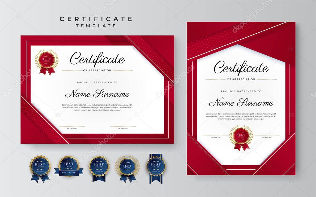 Luxury certificate of appreciation template with red and gold color, multipurpose certificate border with badge design. Elegant red and gold diploma certificate template