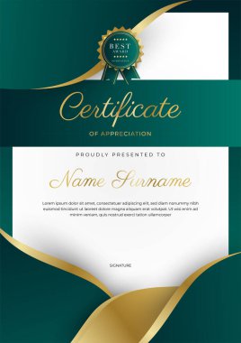 Yeşil, siyah ve altın sertifikalı, lüks rozetli ve modern çizgili sınır şablonu. Ödül, iş ve eğitim ihtiyaçları için. Vektör sertifika şablonu