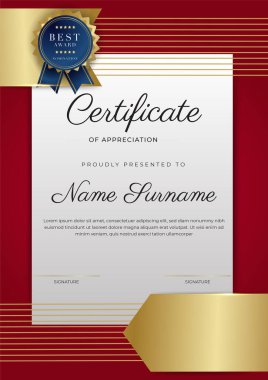 Kırmızı ve altın renkli takdir şablonu sertifikası, rozet tasarımı ile çok amaçlı sertifika sınırı. Zarif kırmızı ve altın sertifika şablonu