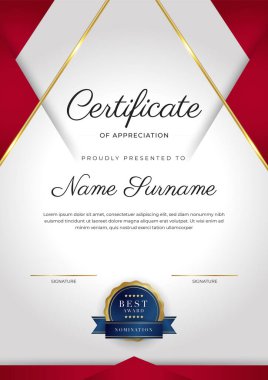Kırmızı ve altın renkli takdir şablonu sertifikası, rozet tasarımı ile çok amaçlı sertifika sınırı. Zarif kırmızı ve altın sertifika şablonu