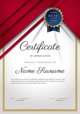 Kırmızı ve altın renkli takdir şablonu sertifikası, rozet tasarımı ile çok amaçlı sertifika sınırı. Zarif kırmızı ve altın sertifika şablonu