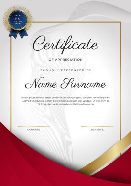 Kırmızı ve altın renkli takdir şablonu sertifikası, rozet tasarımı ile çok amaçlı sertifika sınırı. Zarif kırmızı ve altın sertifika şablonu