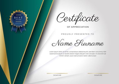 Yeşil, siyah ve altın sertifikalı, lüks rozetli ve modern çizgili sınır şablonu. Ödül, iş ve eğitim ihtiyaçları için. Vektör sertifika şablonu