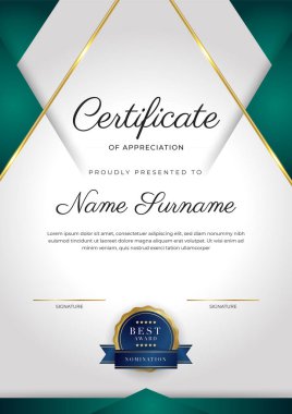 Yeşil, siyah ve altın sertifikalı, lüks rozetli ve modern çizgili sınır şablonu. Ödül, iş ve eğitim ihtiyaçları için. Vektör sertifika şablonu